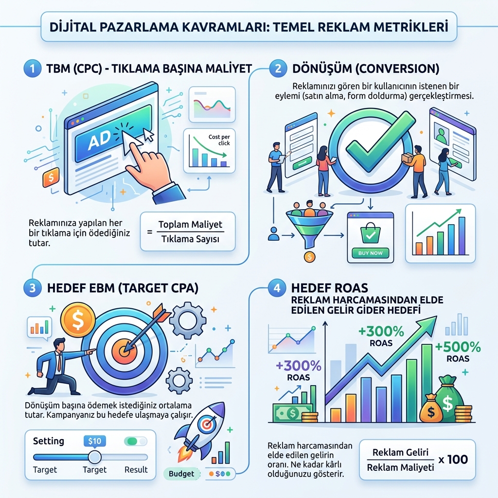Google Ads metrikleri: TBM, dönüşüm, hedef EBM ve hedef ROAS