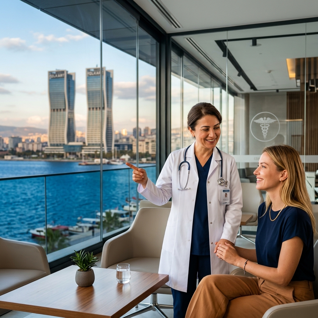 İzmir Sağlık Turizmi Dijital Pazarlama Ajansı - Modern Klinik ve Folkart Towers Manzarası